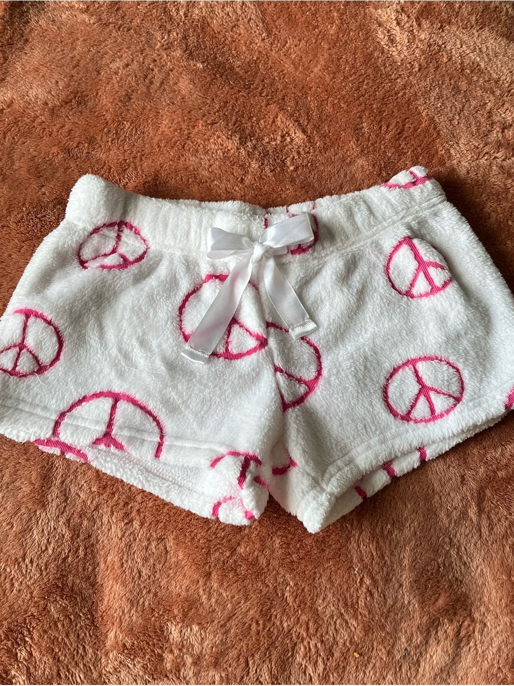 Girls No Boundaries White Fuzzy Shorts with Pink Peace Sign Accents